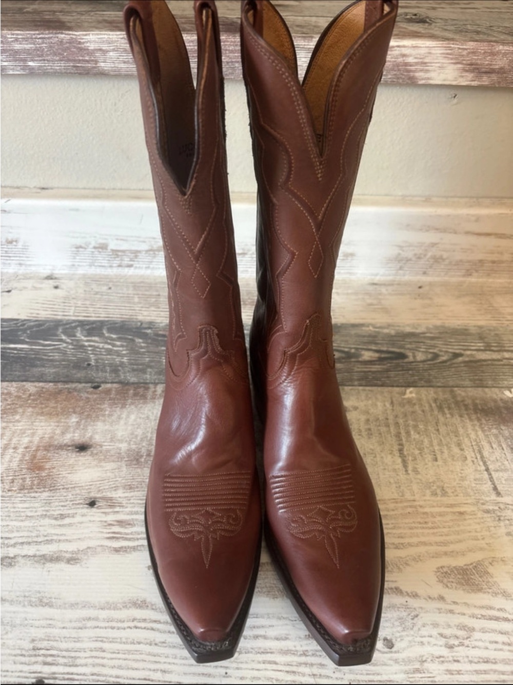 Lucchese Brown Leather Western Heeled Boots - Picture 2 of 4